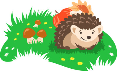 Obraz na płótnie Canvas Cute little hedgehog sitting on green forest lawn. Cartoon banner. Smiling hedgehog carries an apple, a mushroom and an autumn leaf on its back. Adorable vector illustration for kids