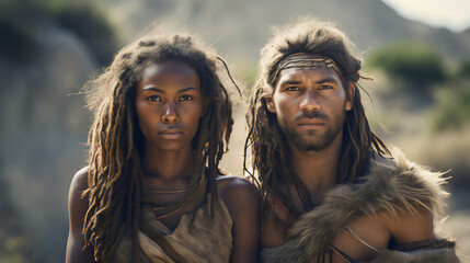 caveman couple wearing fur and looking at camera - obrazy, fototapety, plakaty