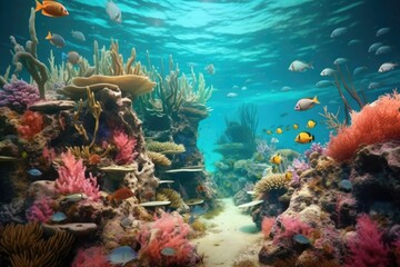 Fototapeta na wymiar underwater view of colorful coral reef with fish swarm