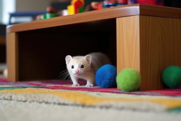 ferret hiding toys under furniture with only tails sticking out