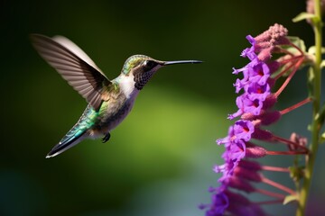 a beautiful hummingbird in flight near a purple flower