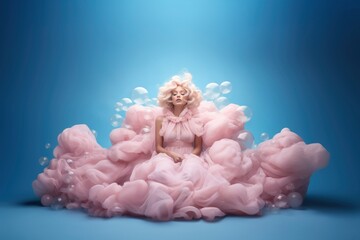 Stunning blonde woman in a fluffy pink dress surrounded by soap balloons. Dreamy barbiecore background. Ai generated image - obrazy, fototapety, plakaty