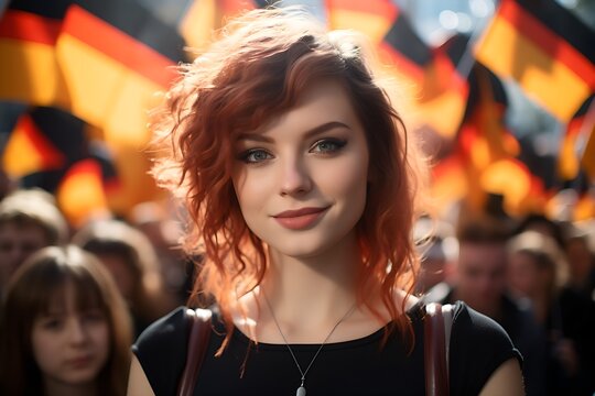 German Unity Day Celebration: People Celebrating with Flags on the Streets on October 3rd, Generative AI