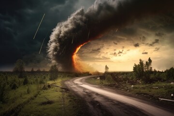 tornado dissipating and leaving a trail of destruction - obrazy, fototapety, plakaty