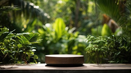 Wooden product display podium with blurred background. Wooden podium in tropical forest for product presentation and green background.  Illustration Generative AI.