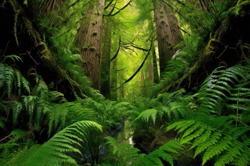 Fototapeta premium wide angle view of redwoods with ferns below