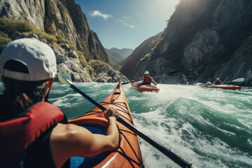 A squad of friends kayaking down a rapid river, framed by rugged cliffs. - obrazy, fototapety, plakaty