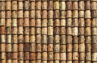 Minimalist background. Close up terracotta roof tiles on the roof of an old house. Texture  in vintage style. Selective focus.