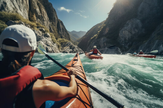 A squad of friends kayaking down a rapid river, framed by rugged cliffs.