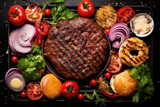 Top View Of Delicious Burger Ingredients On Grill