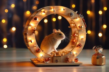 hamster wheel decorated with tiny festive lights or ornaments