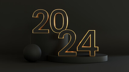 Golden numbers 2024 on the black background. Happy New 2024. 3d render illustration - 637885679