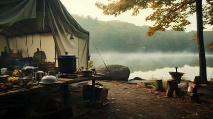 Generative AI, Camping outdoor concept in neutral muted colors, tourist camp