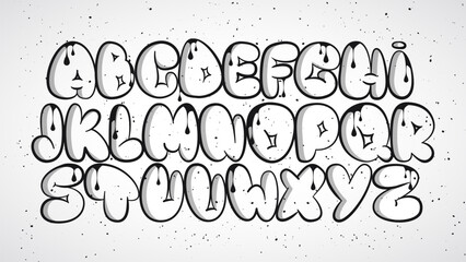 Graffiti alphabet. Bubble graffiti letters outline. Uppercase letters with drips, drops and spray effect. Graffiti font. Street art style. Bubble font.