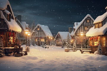 Snowy vintage Christmas village at night: Enchanting winter landscape for festive holidays. Perfect for a Christmas card.