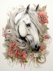 Horse head with flowers and leaves on a white background. Hand-drawn stile illustration.