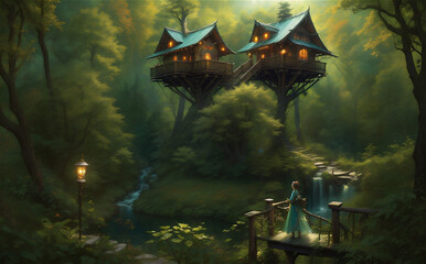 Artistic concept painting of a beautiful tree house, background illustration. Mysterious house in the forest, fairy tale.