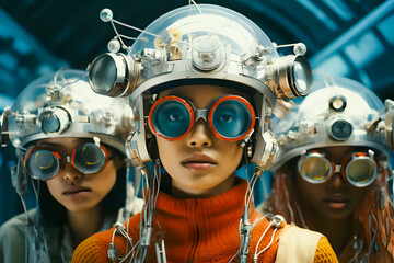 Three young women, girls, teenagers wearing helmets and glasses in the style of retrofuturism