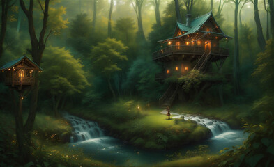 Artistic concept painting of a beautiful tree house, background illustration. Mysterious house in the forest, fairy tale.