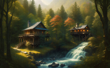 Fototapeta premium Artistic concept painting of a beautiful tree house, background illustration. Mysterious house in the forest, fairy tale.