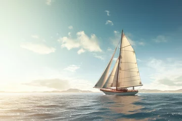 Zelfklevend Fotobehang Sunlit sailboat at sea, epitomizing luxury summer adventure and ocean sailing. © Ai Studio