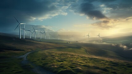 wind turbines at sunrise in the countryside. green energy, nature background.