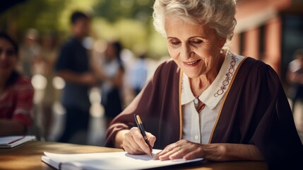 Old woman is sitting and writing in the document with pen. Beautiful illustration picture. Generative AI - obrazy, fototapety, plakaty