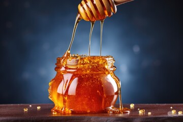 Fototapeta na wymiar honey drizzling from honey dipper into a jar