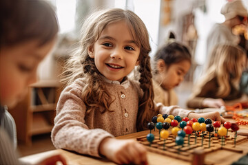 Kids playing with educational toys sitting on table at kindergarten. Early education. Montessori learning tools for children. - obrazy, fototapety, plakaty