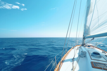 Fototapeta premium Yacht sailing on blue Mediterranean, sunny day. View from deck, open sea ahead.