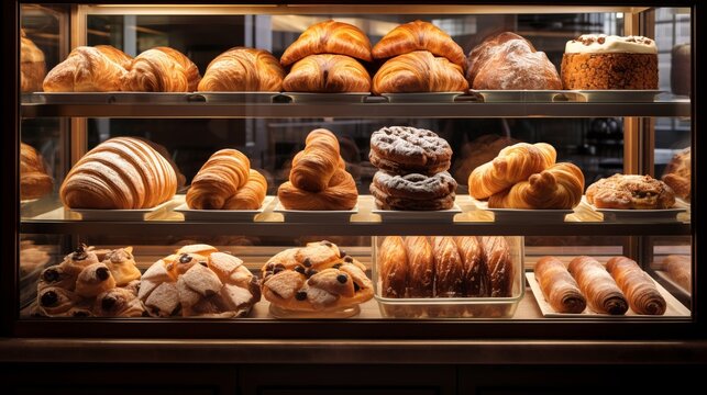Bakery display with an array of fresh food. Beautiful illustration picture. Generative AI