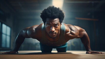 Black athlete is doing push ups, muscular man. Beautiful illustration picture. Generative AI