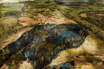 Wild Open Fire Destroys Grass. Natural Disaster. Concept Of Save Nature. Bush Fire And Smoke In Meadow Field. Nature In Danger. Aerial View Of Dry Grass Burns During Drought And Hot Weather.