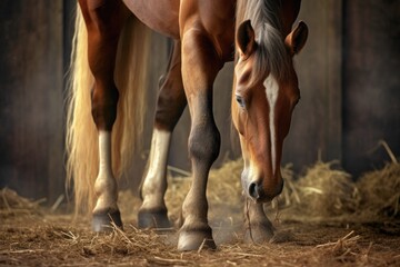 freshly shod horse hooves standing on hay