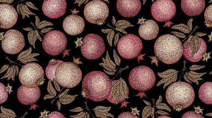 Pomegranate pattern. Pomegranate plant branch with fruits. Vintage Pomegranates illustration. Hand drawn ink style fruit background. Pomegranate tree, ripe fruit. Rosh hashanah print. Textile, fabric 