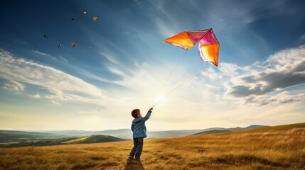 Child flies a colorful kite on a windy hill. Beautiful illustration picture. Generative AI