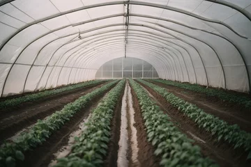 Fotobehang Open tunnel rows of potato bushes plantation and an irrigation canal filled with water. Growing early potatoes under protective plastic cover. Greenhouse effect. Agroindustry and agriculture. © ahmed