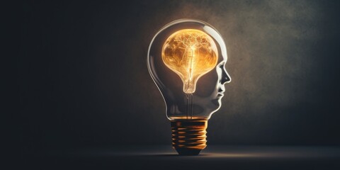 Human head in the form of lightbulb with brain inside, Light bulb with human head showing creative thinking concept icon, Ai technology, Digital age innovate,  Artificial intelligence, generative ai