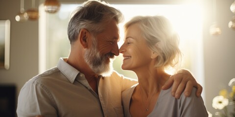 Obraz na płótnie Canvas Happy senior couple smile together with love in retirement. Anniversary celebration at home, mature married healthy man and active woman support each other in retired old age, , generative ai