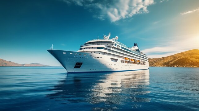 Cruise ship yacht on a tour in the sea. Beautiful illustration picture. Generative AI