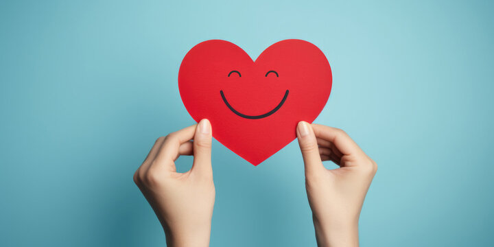 Young women hands holding smile paper red heart, health care, donate and family insurance concept, world heart day, world health day, CSR responsibility, Valentine's day, generative ai