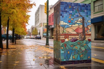Fototapeta na wymiar tiles with unique artwork on city street corner