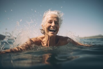 image of mature happy woman swim in the lake