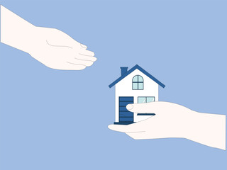 Fototapeta na wymiar One hand gives to another hand small house. Provision of help and shelter to person in need. Concept of the safe place. Acquisition of ownership or rental of property. Vector illustration.