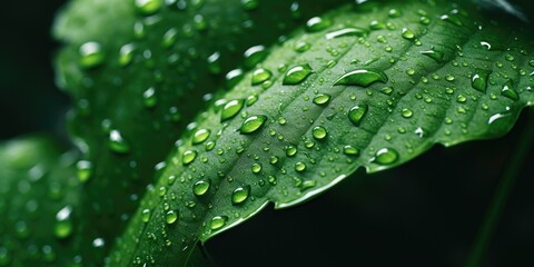 Closeup - of green plant leaves with water droplets. Natural background, generative ai