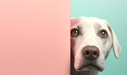 Creative animal concept. Labrador Retriever dog puppy peeking over pastel bright background....