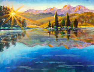 Rural river sunny morning landscape painting rays of sun over forest on background of calm blue lake in mountains acrylic illustration art.