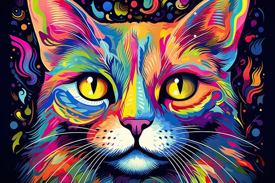 Abstract multicolored portrait of a cat on a black background.