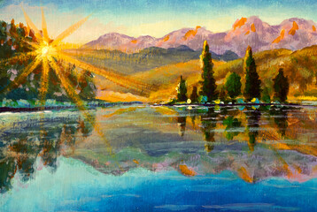 Dawn in the mountains by the lake Rural river sunny morning landscape Hand painting on canvas