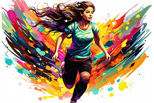 Front view of a woman runner in bright sportswear on a multi-colored background.